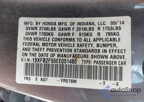 2014 Honda Civic Lx из США, поврежденный, VIN 19XFB2F55EE051480